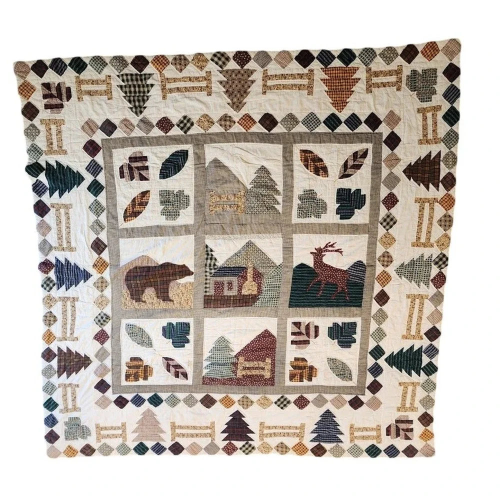 VINTAGE Handmade Rustic Lodge Moose Bear Pine Tree Patchwork Cabin Quilt 80x80
